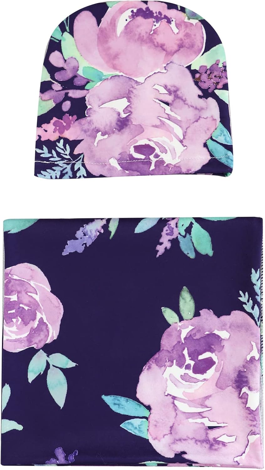 TANOFAR Newborn Swaddle Blanket with Beanie Set Purple Flower