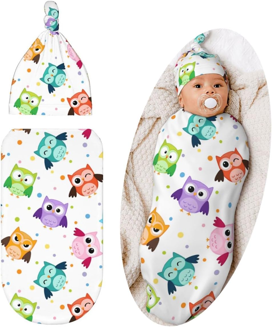 Cute Owls Swaddle Blanket Set with Beanie Hat for Newborn 1