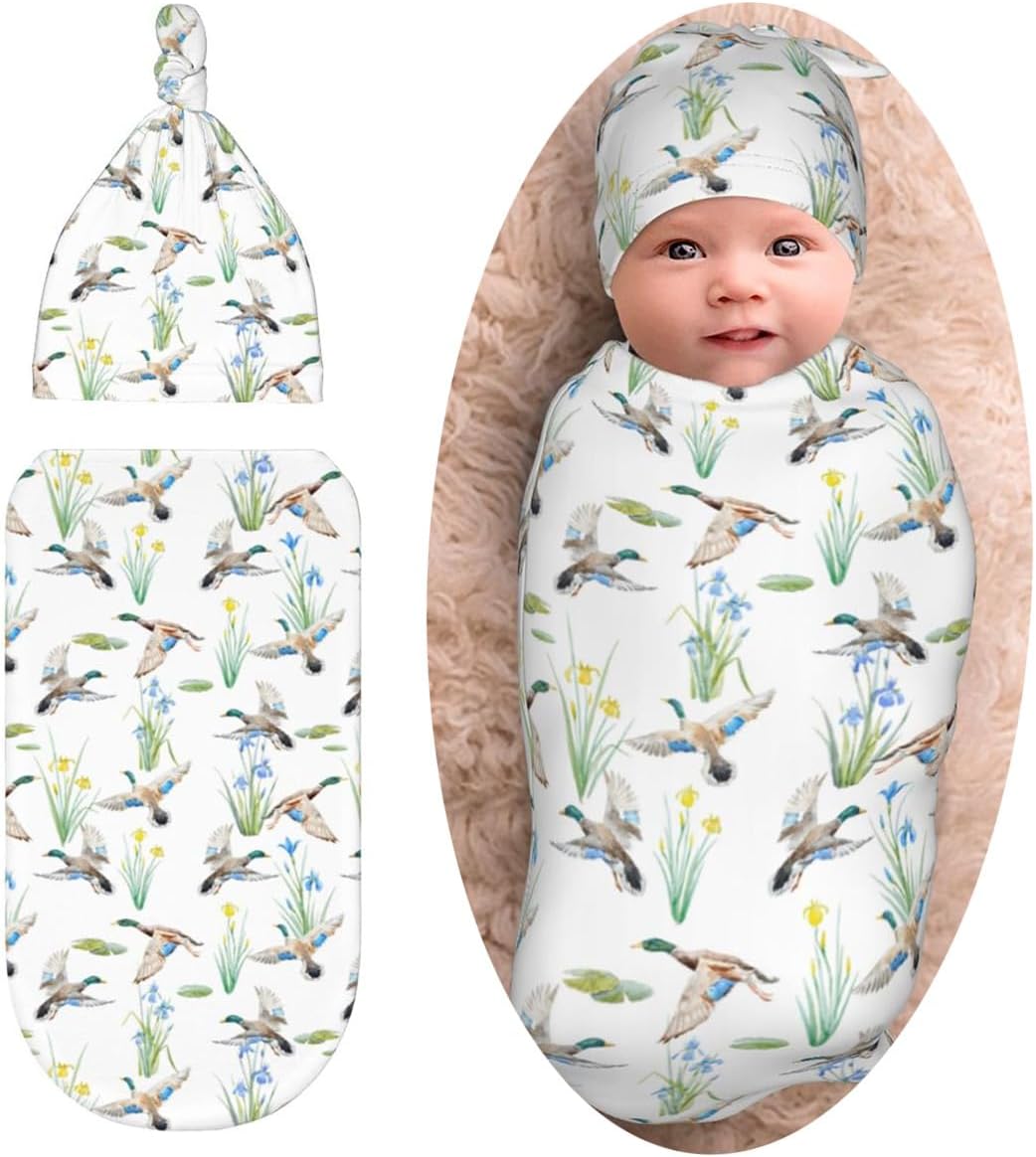 Sozzjile Mallard Duck Swaddle Blanket Beanie Set for Baby