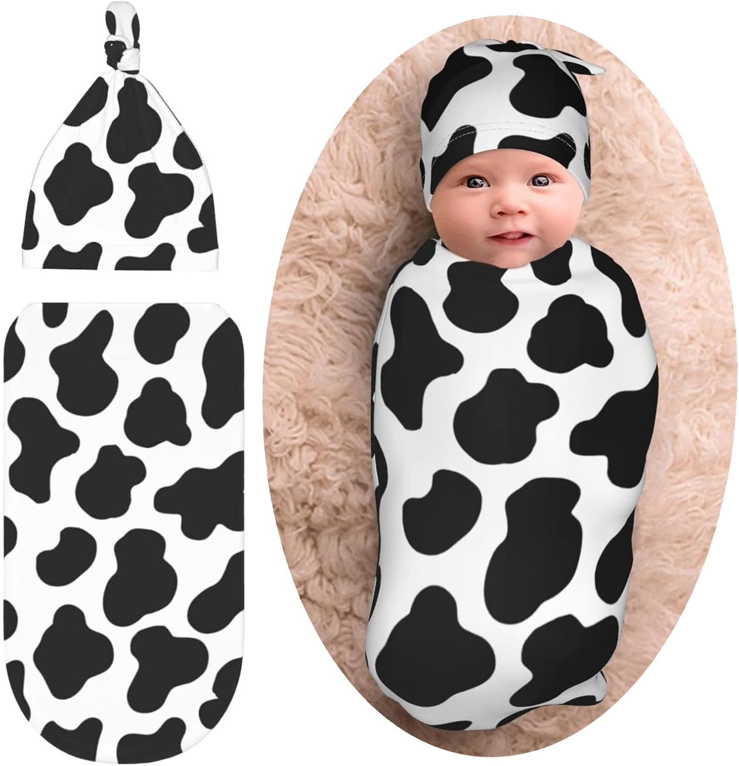 Norchzi Cow Print Swaddle Blanket Hat Set for Newborn Babies