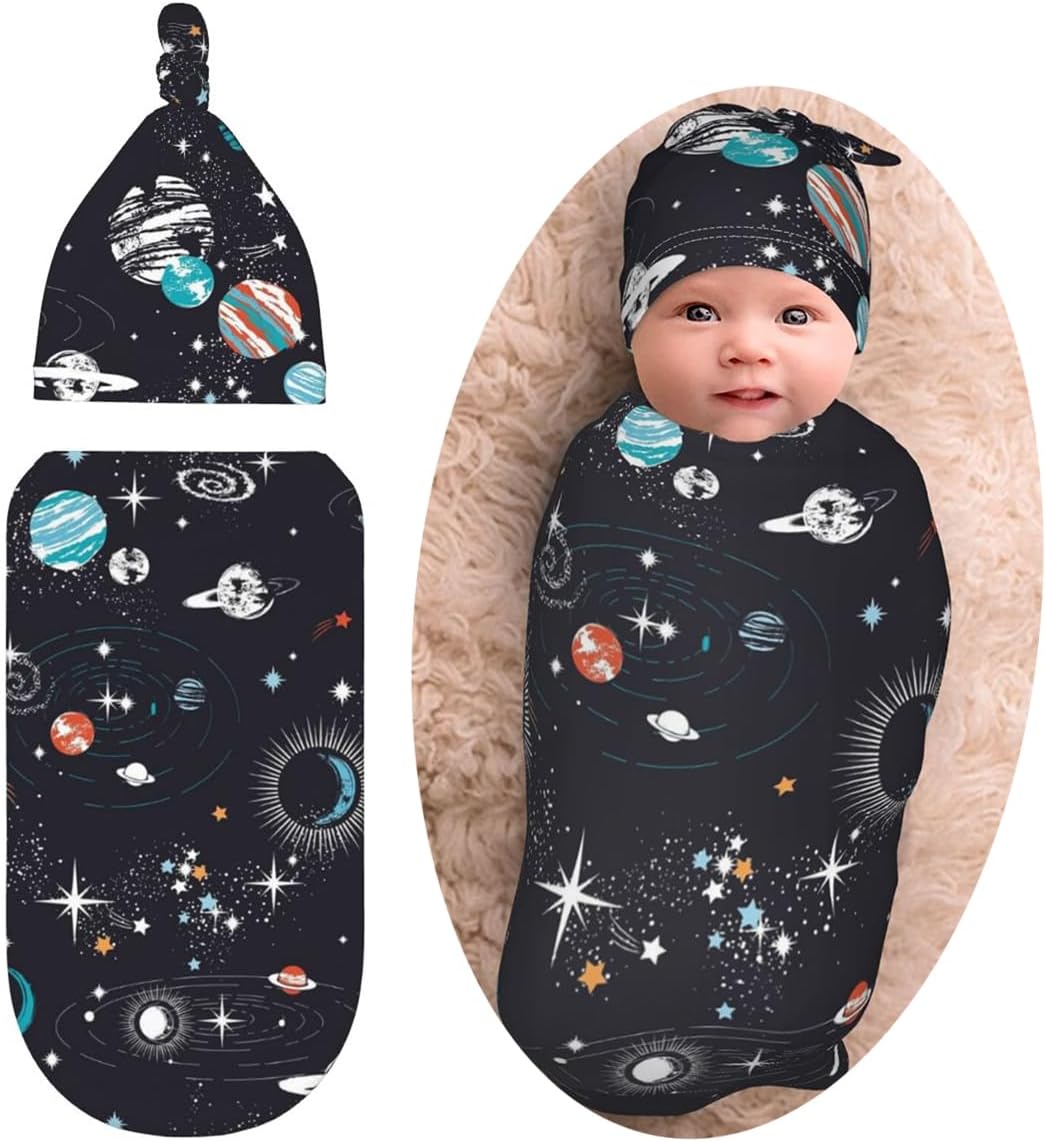 Osvbs Galaxy Swaddle with Beanie Set for Newborn