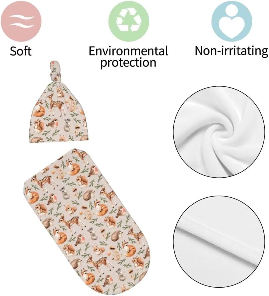 Qiankang Cartoon Animals Swaddling Blanket Beanie Set