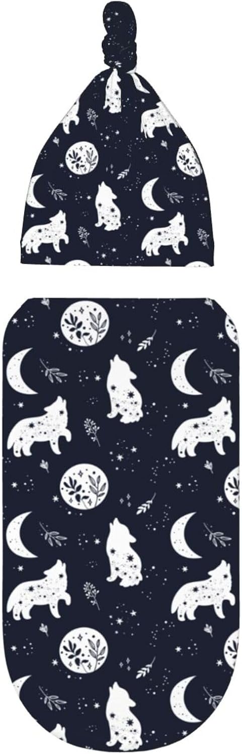 Boho Wolf Newborn Swaddle Blanket Hat Set