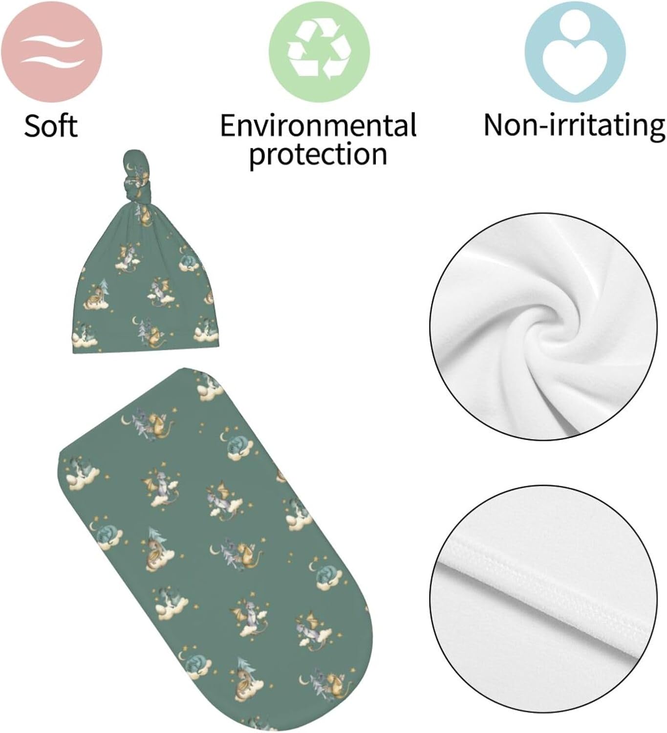 Sozzjile Cute Dragon Print Baby Swaddle Blanket with Beanie Set