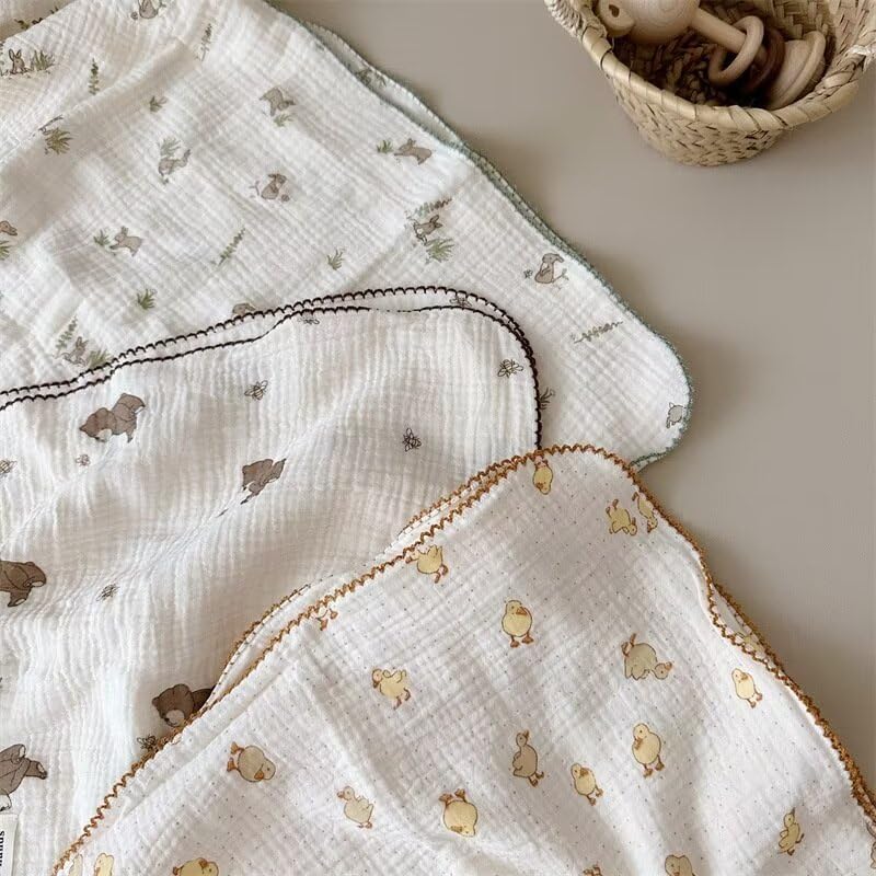 BuLuTu 47x51 Inch Muslin Cotton Baby Blanket with Bear Bee Pattern