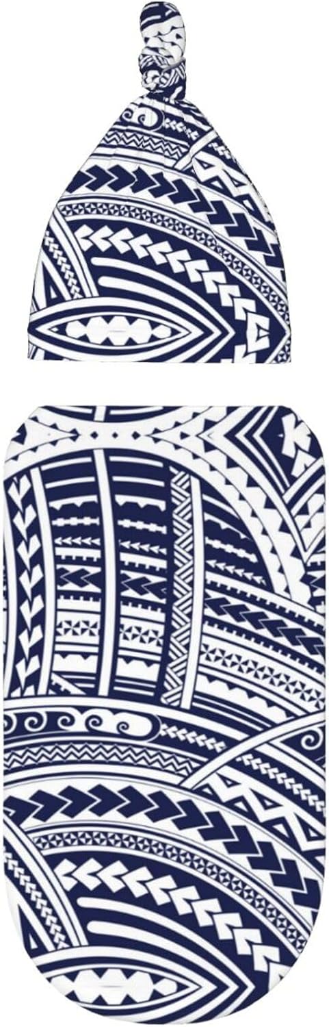 NOKOER Blue Polynesian Tribal Pattern Swaddle Blanket with Hat Set