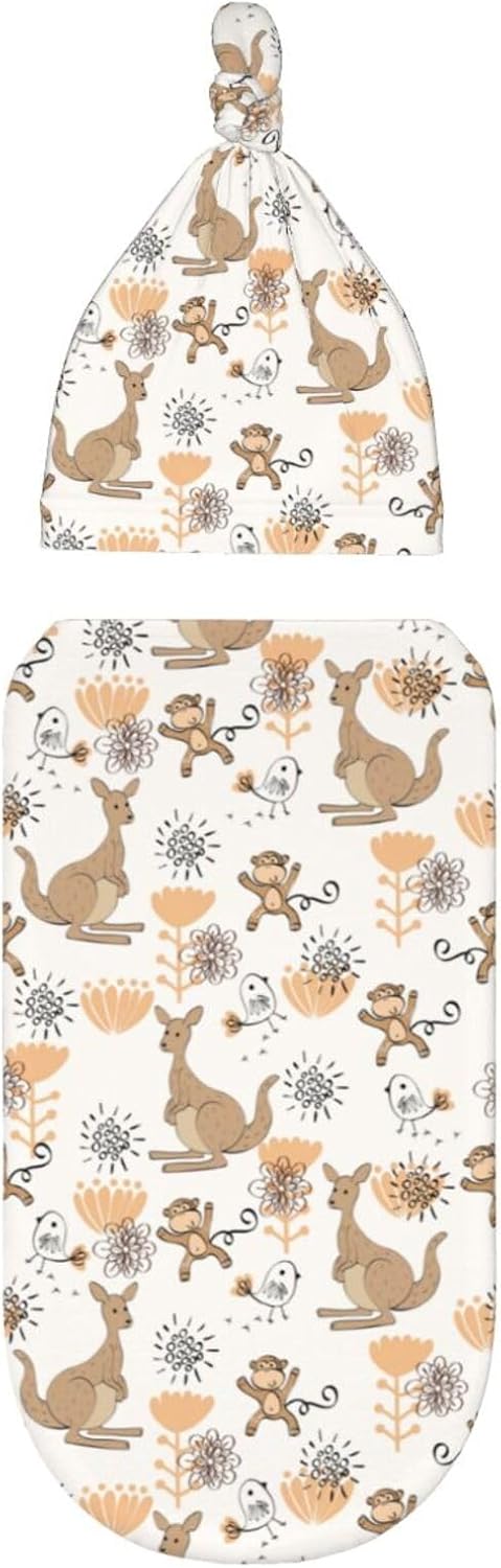 Muishi Funny Kangaroo Monkey Swaddle Blanket Hat Set