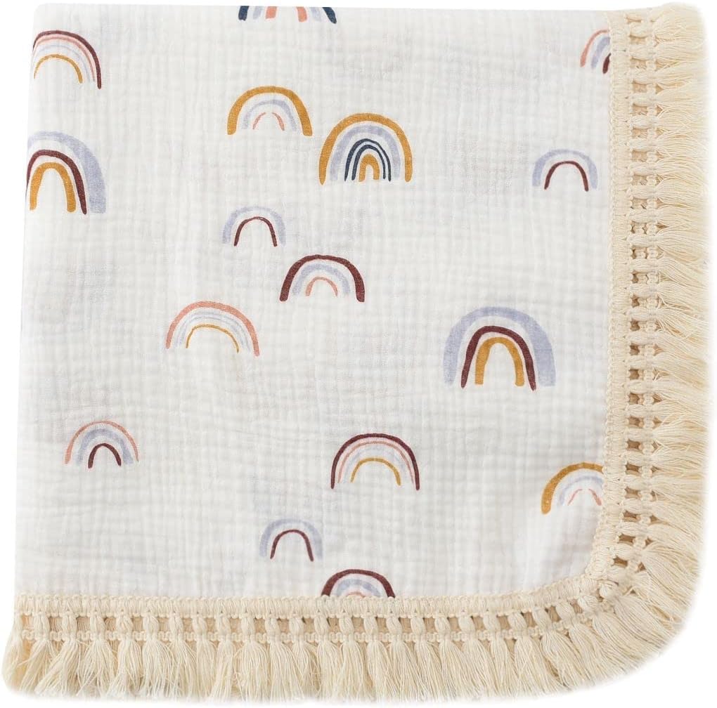 CHUNGEL Boho Rainbow Baby Blanket 40x47 Gender Neutral Tassel Muslin with Fringe