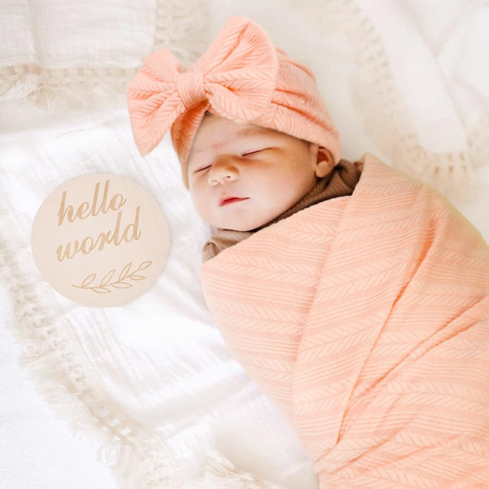 AQOKKA Newborn Swaddle Blanket with Bow Hat and Wooden Card 1
