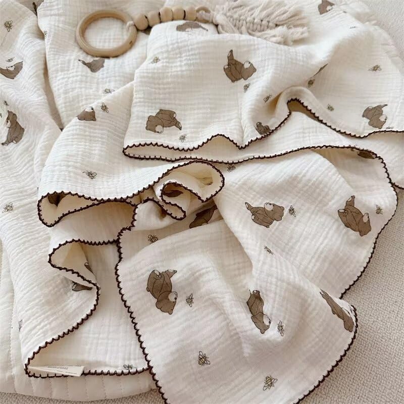 BuLuTu 47x51 Inch Muslin Cotton Baby Blanket with Bear Bee Pattern