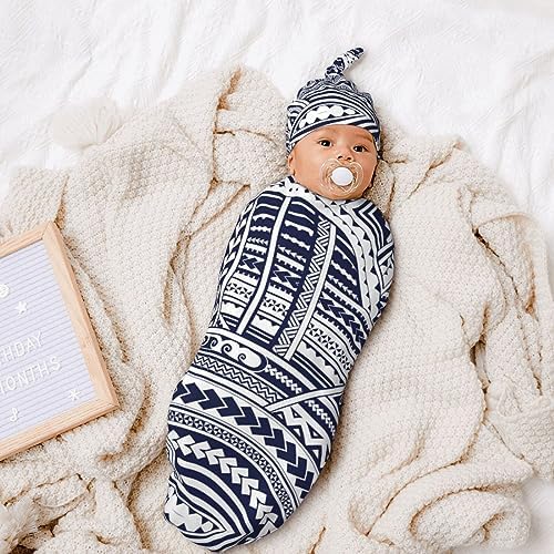 NOKOER Blue Polynesian Tribal Pattern Swaddle Blanket with Hat Set