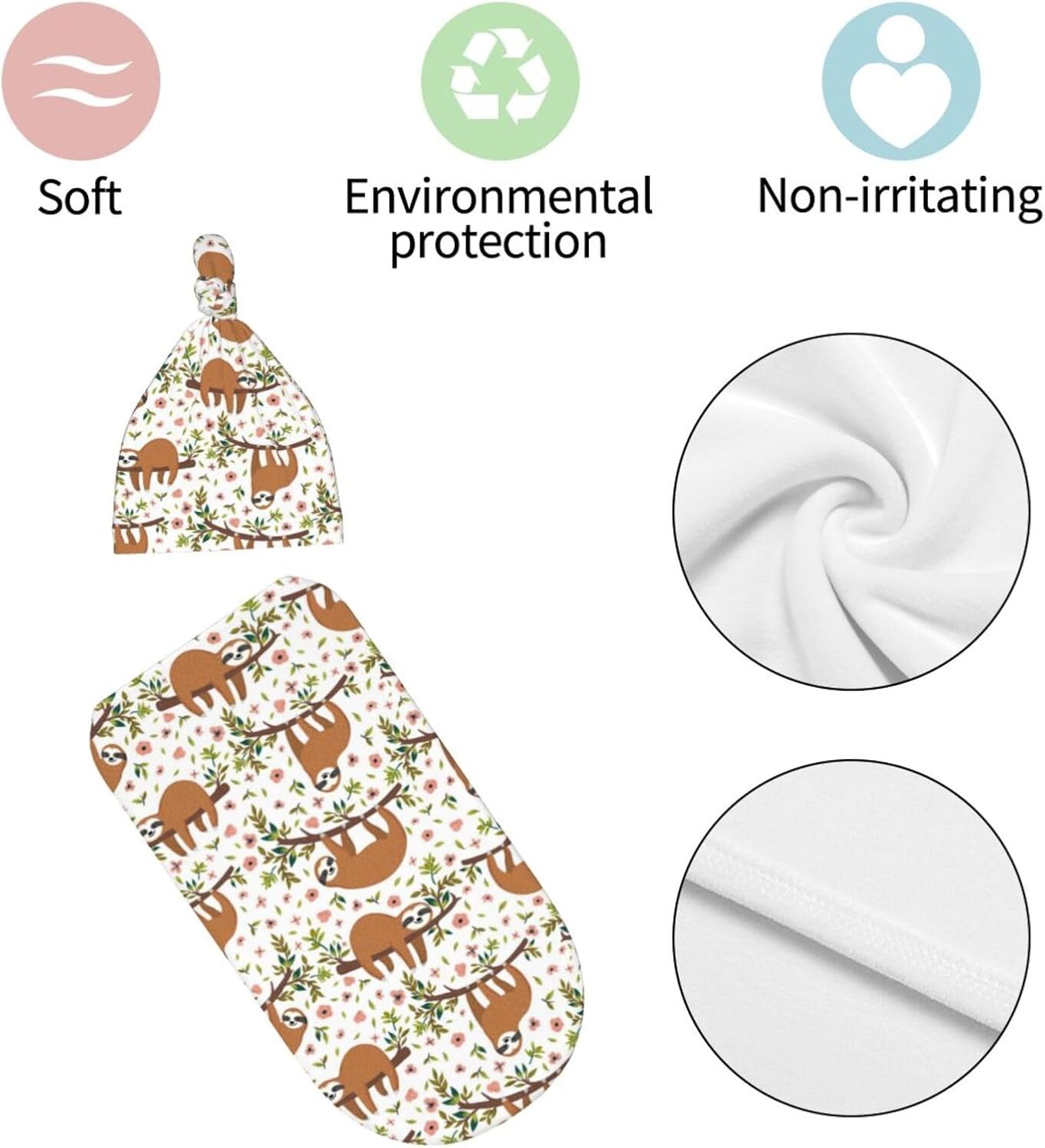 Lcokin Cute Sloth Baby Swaddle Blanket Hat Set