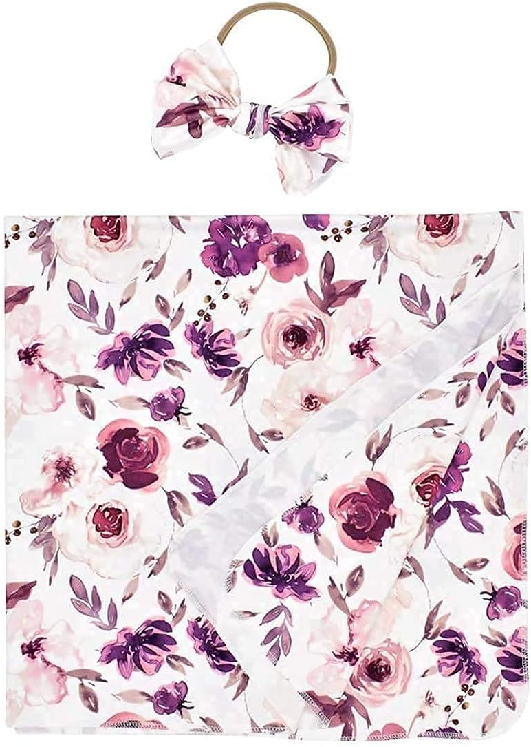 Baby Swaddle Blanket with Headband Set Purple Flowers