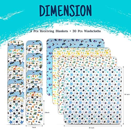 Omilion Receiving Blanket 4 Pack - 30x30 Flannel Cotton Blankets with Washcloths