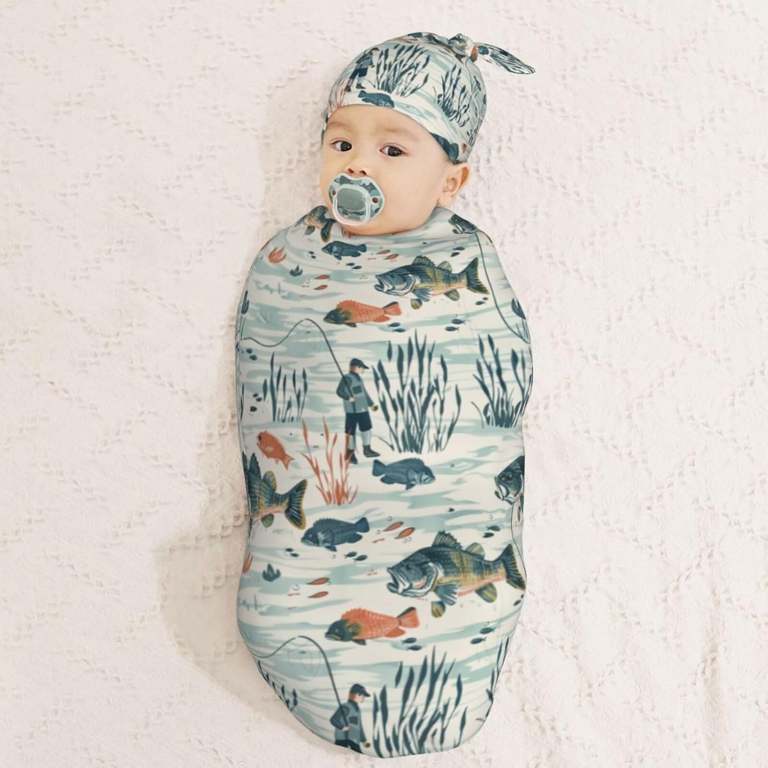 Muishi River Bass Fishes Swaddle Blanket Hat Set 1