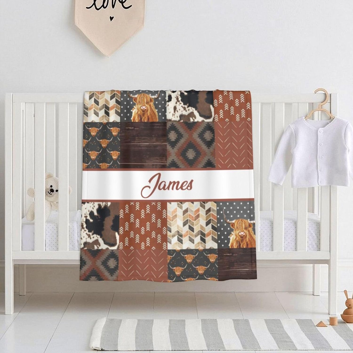 Personalized Cute High Land Cow Baby Blanket with Name