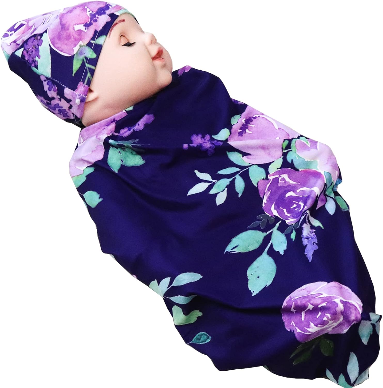 TANOFAR Newborn Swaddle Blanket with Beanie Set Purple Flower