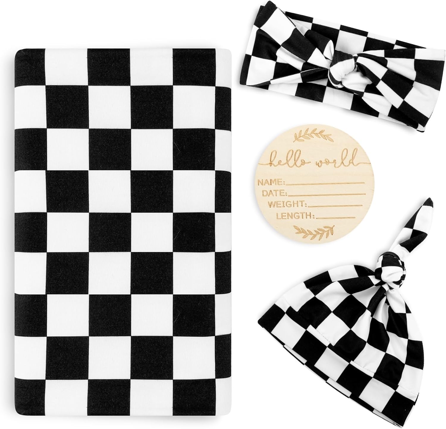 TANOFAR 4-Pack Swaddle Blanket with Headband and Beanie Set Black Checkerboard