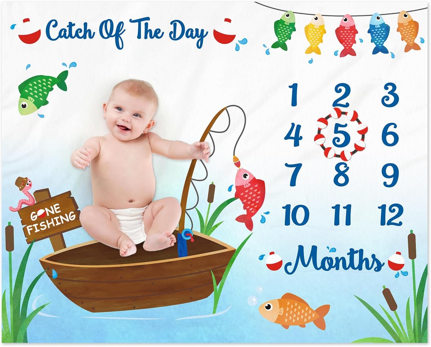 Gone Fishing Baby Monthly Milestone Blanket with Felt Bobber Wreath