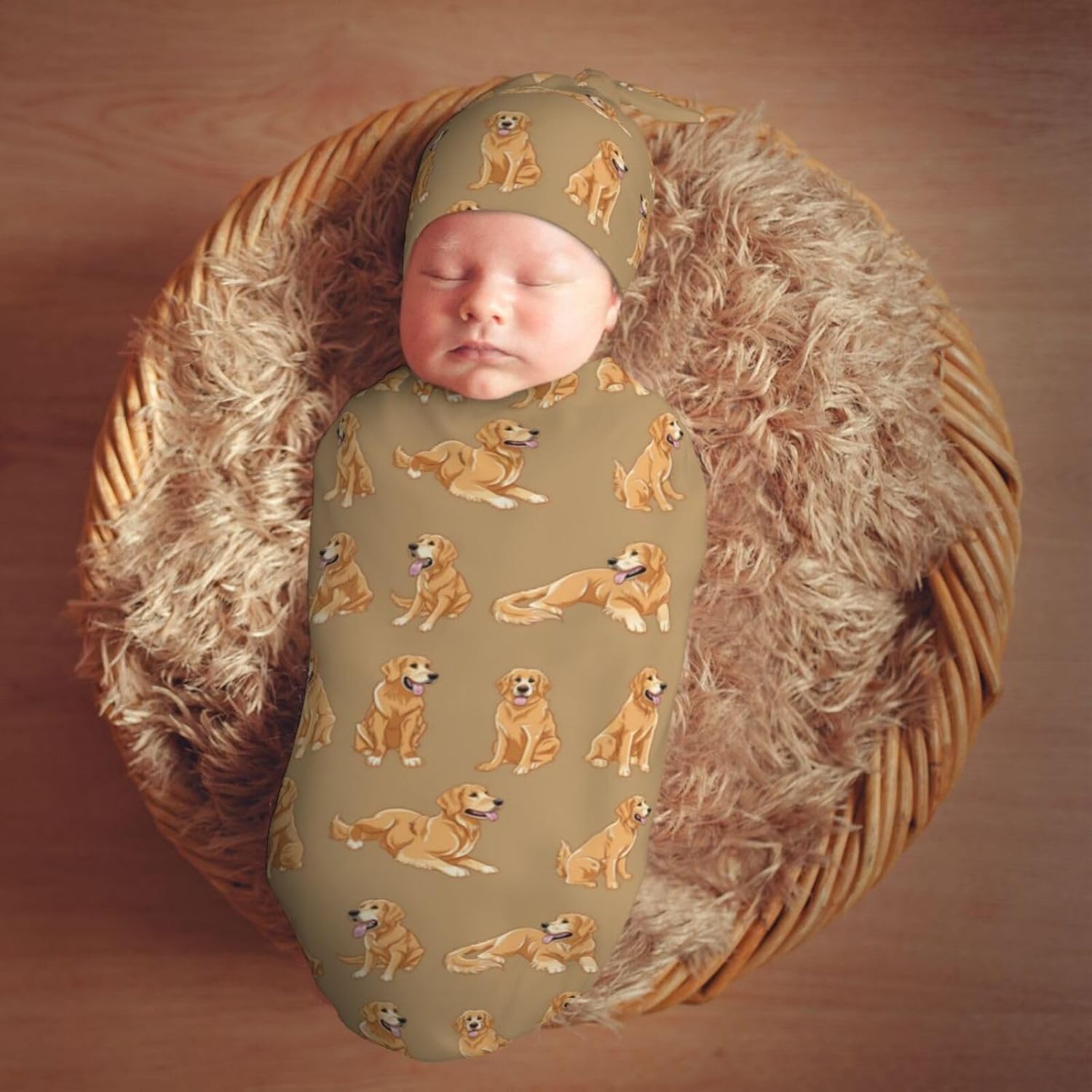 Funny Cute Golden Retriever Swaddle Blanket and Beanie Hat Set
