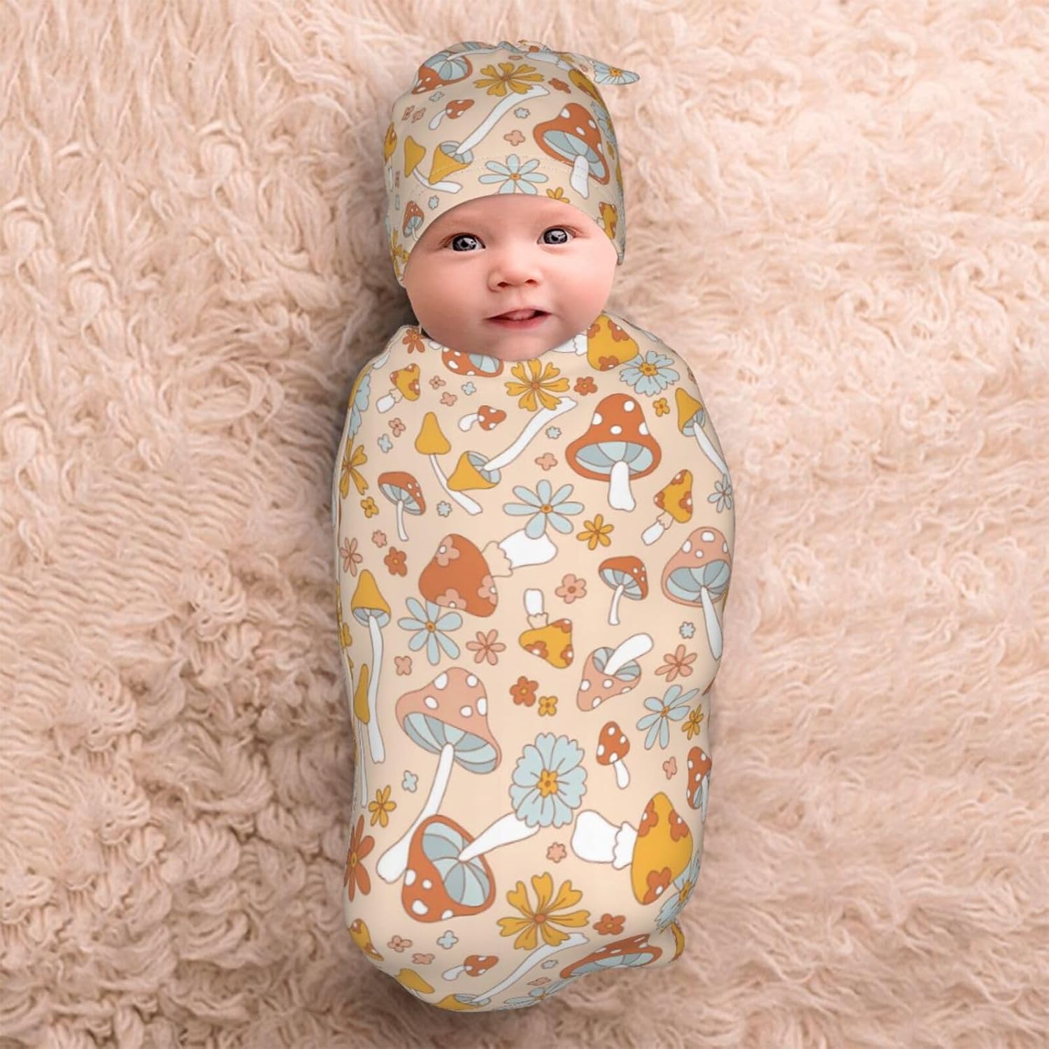Cute Mushroom Swaddle Blanket Hat Set for Newborns