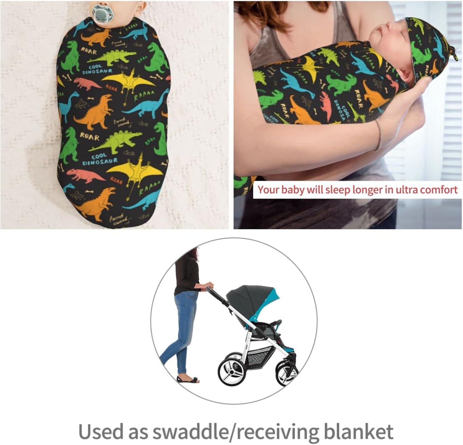 Dinosaur Swaddle Blanket Hat Set for Newborns