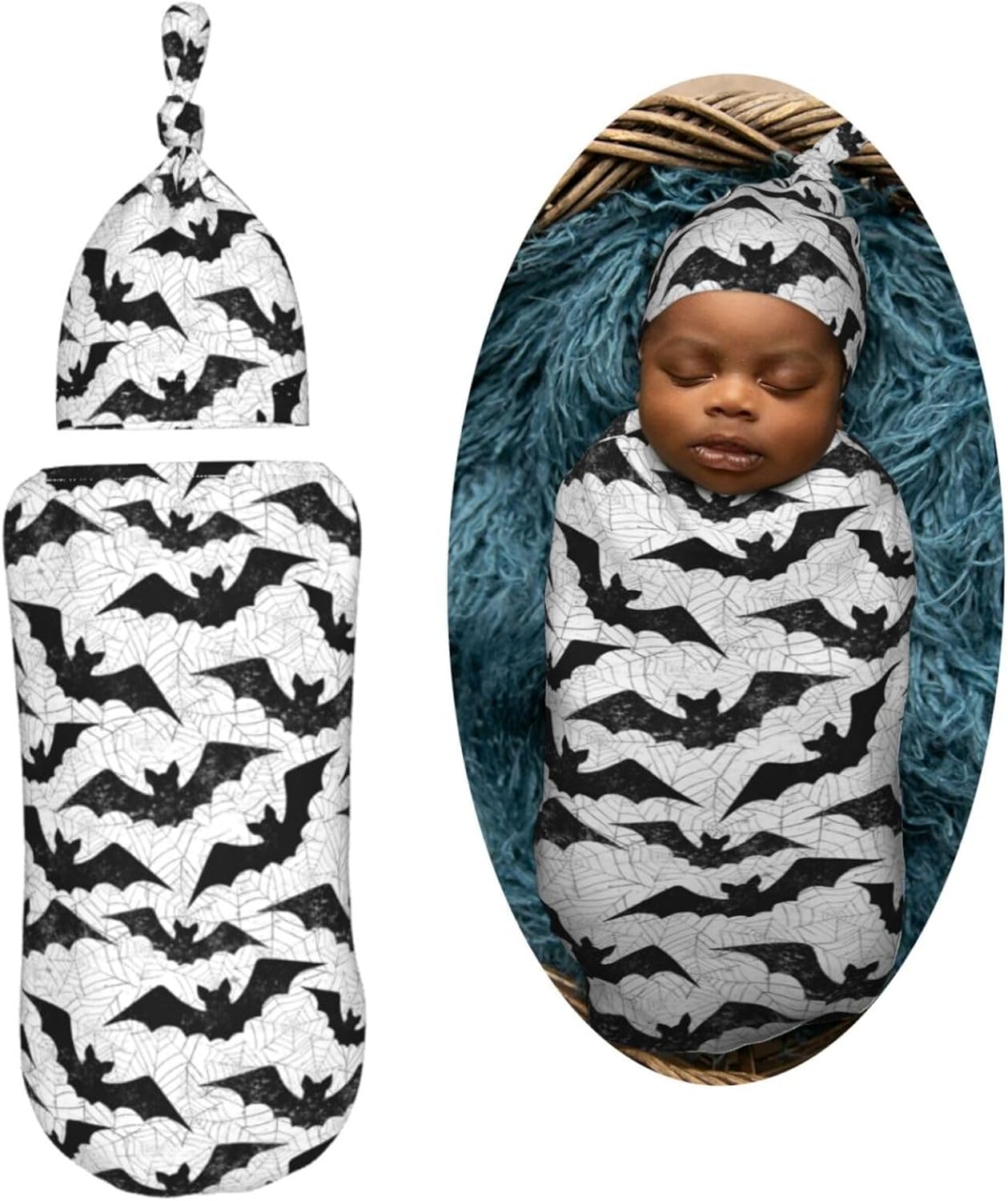 Muishi Black Bat Newborn Swaddle Blanket Hat Set 1