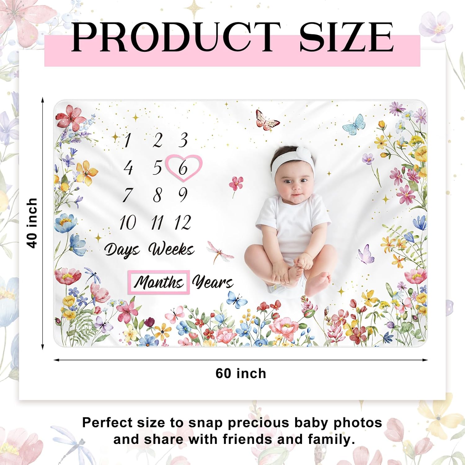 Nuanchu Wildflower Baby Milestone Blanket 60 x 40 Soft Fleece