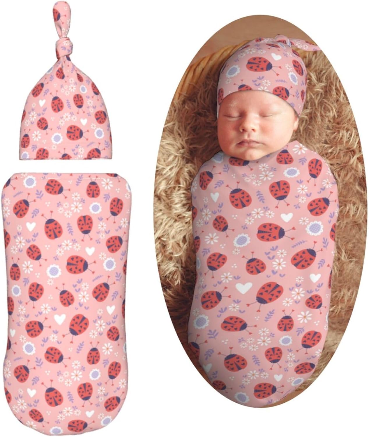 Muishi Ladybugs Hearts Flowers Swaddle Blanket Hat Set