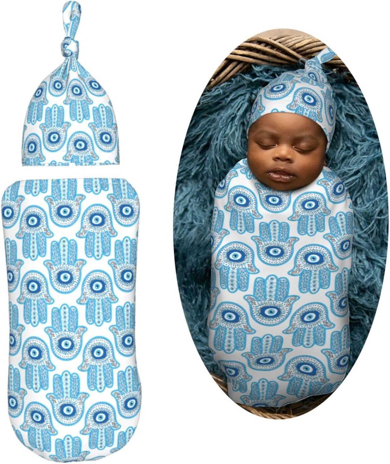 Muishi Hamsa Hand Evil Eye Swaddle Blanket Hat Set