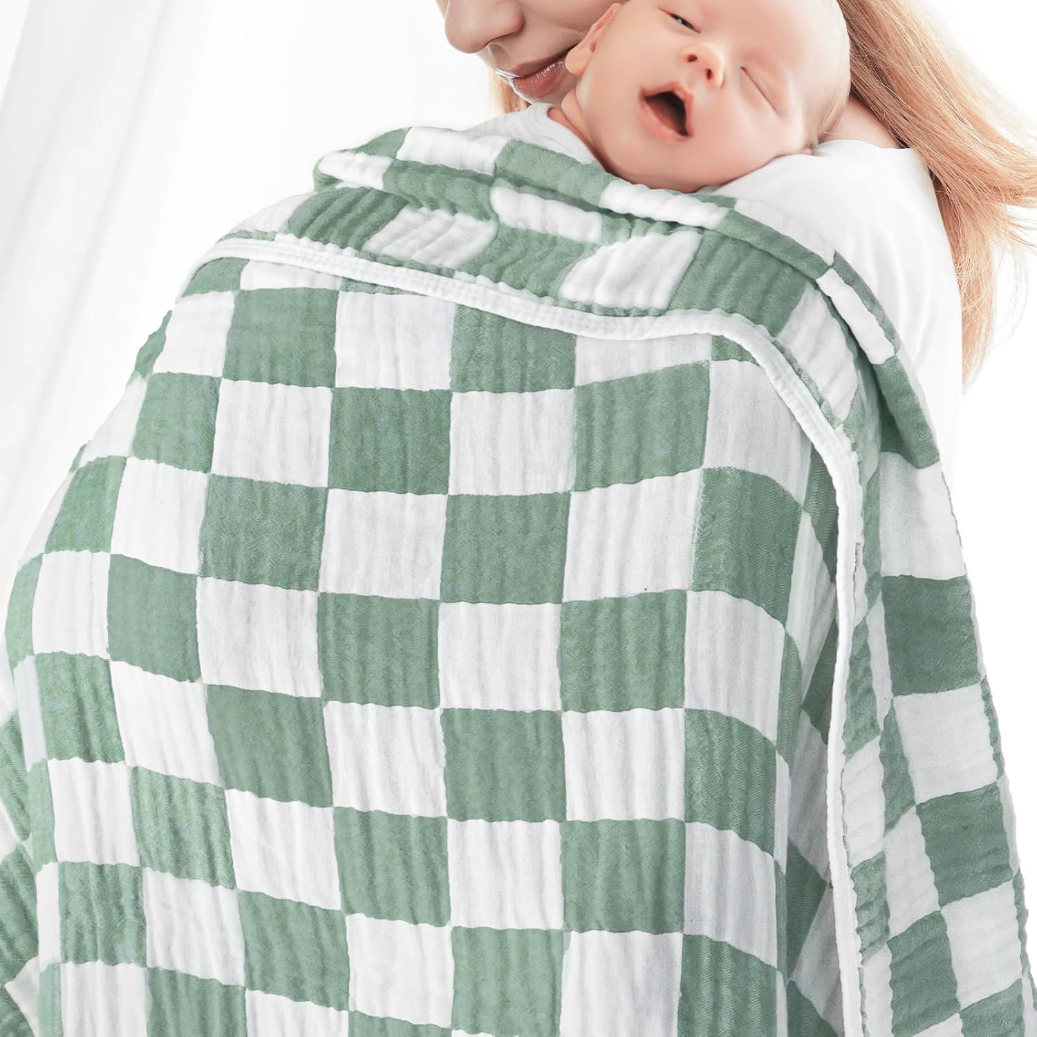 BEILIMU Muslin Baby Blanket 43x43 Inches Sage Green Checkerboard Swaddle Blanket