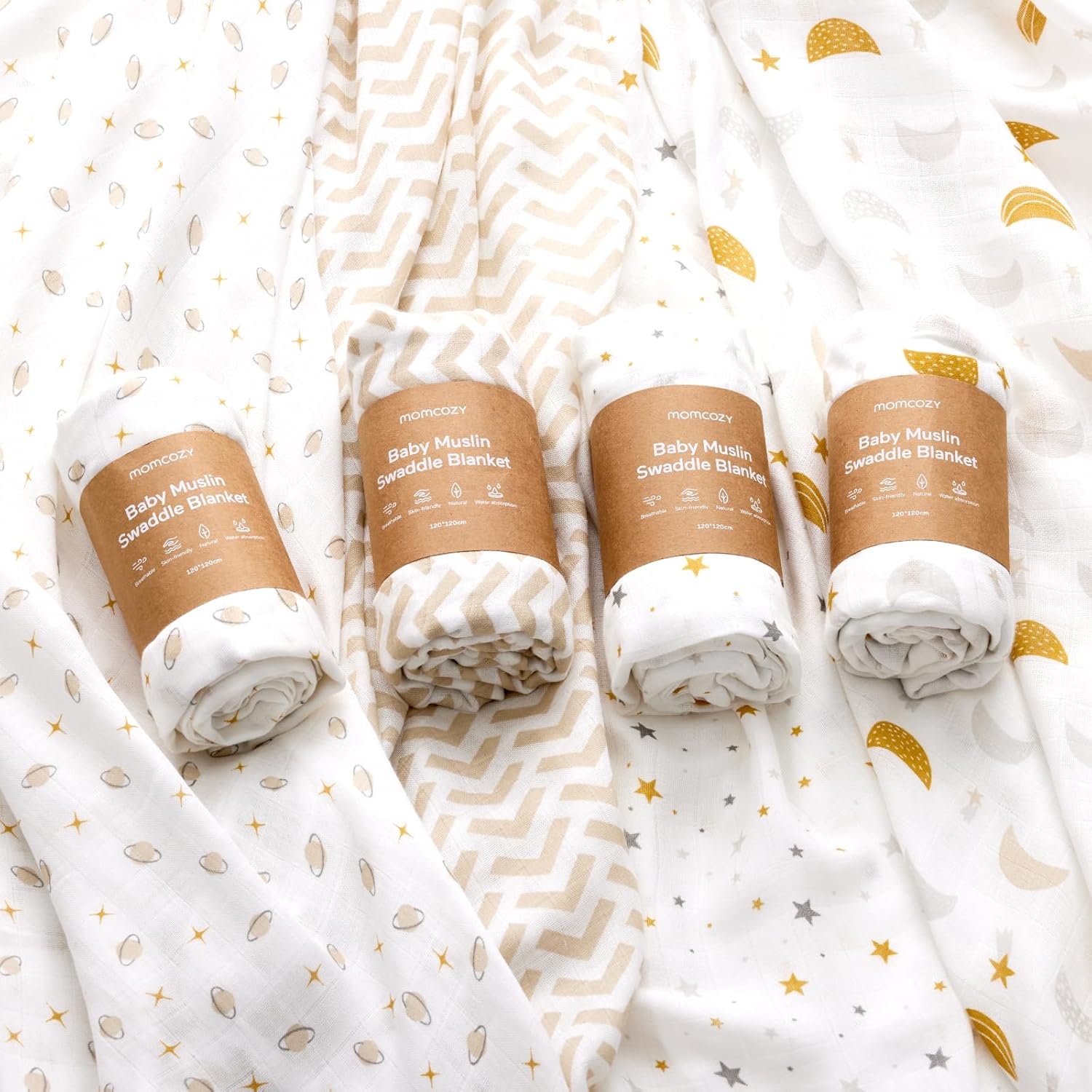 Momcozy Muslin Swaddle Blankets 4 Pack Neutral Star Print