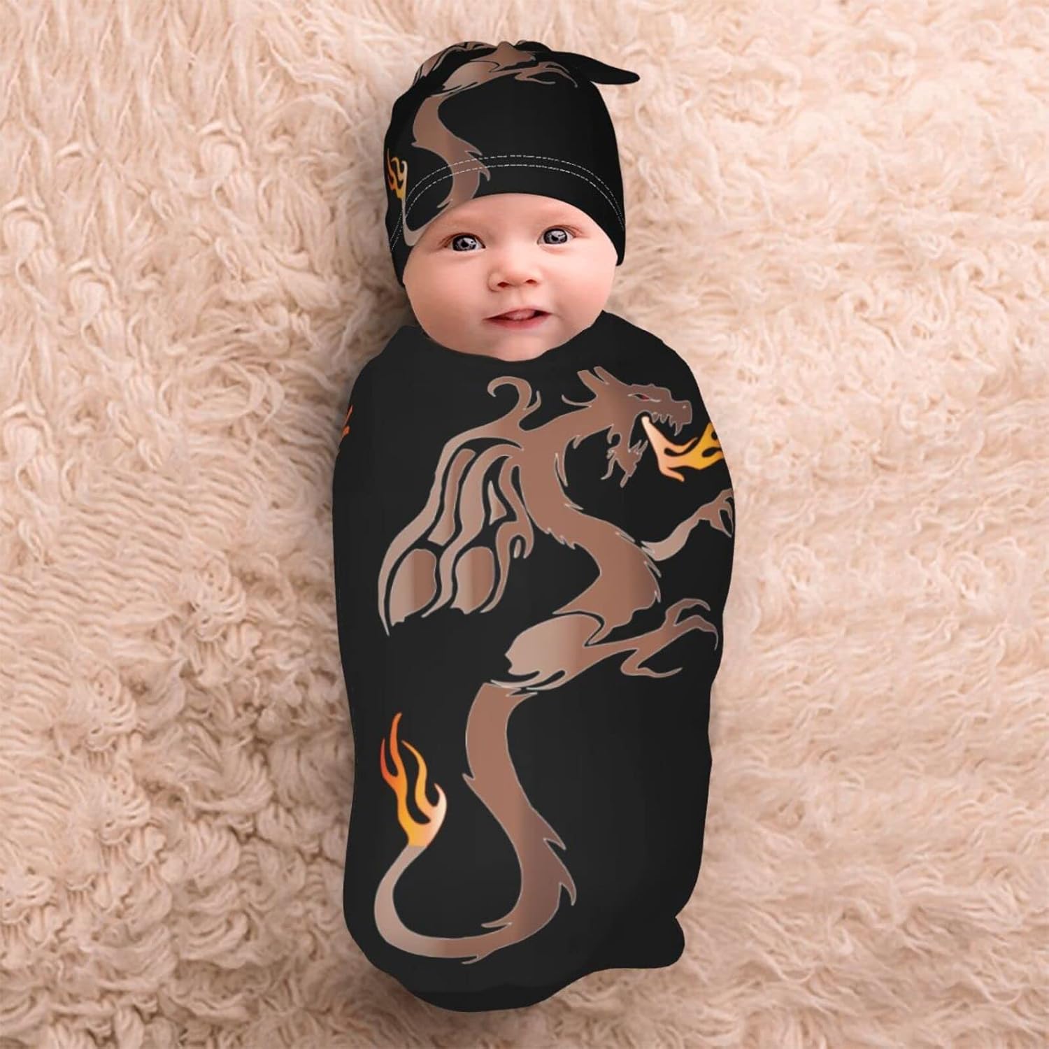 AuHomea Fire Angry Dragon Swaddle Blanket with Beanie Hat 1