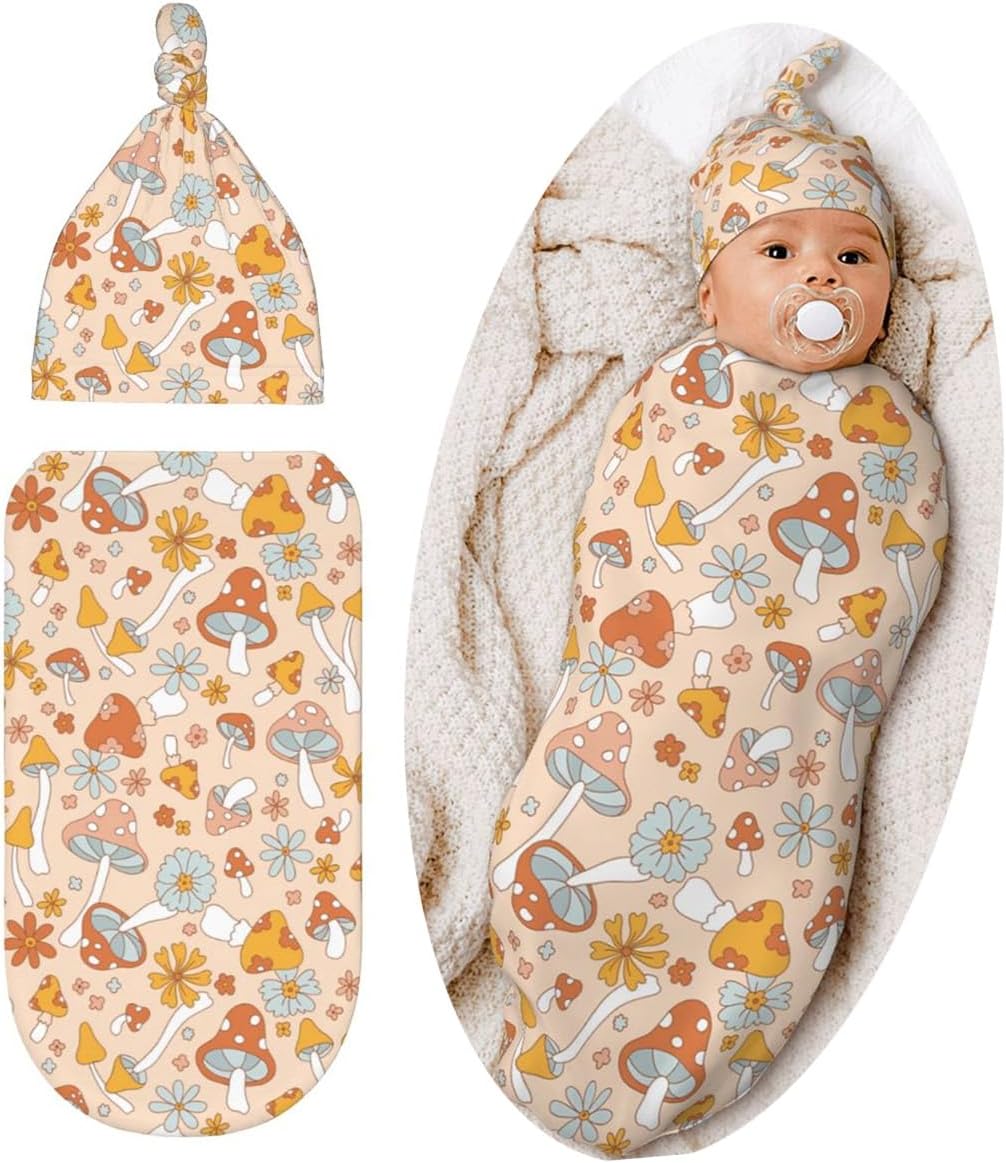 Cute Mushroom Swaddle Blanket Hat Set for Newborns