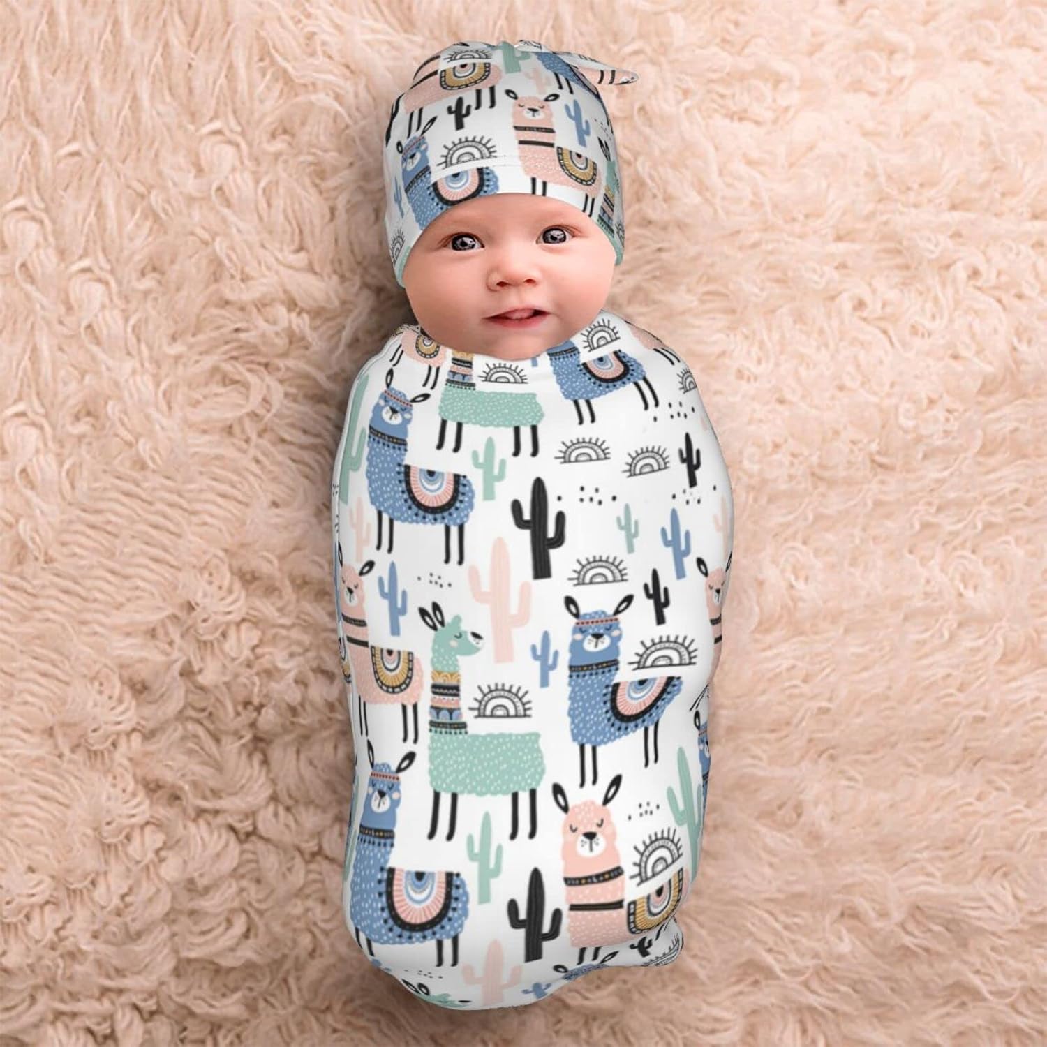 Osvbs Llama Baby Swaddle Blanket with Beanie Set