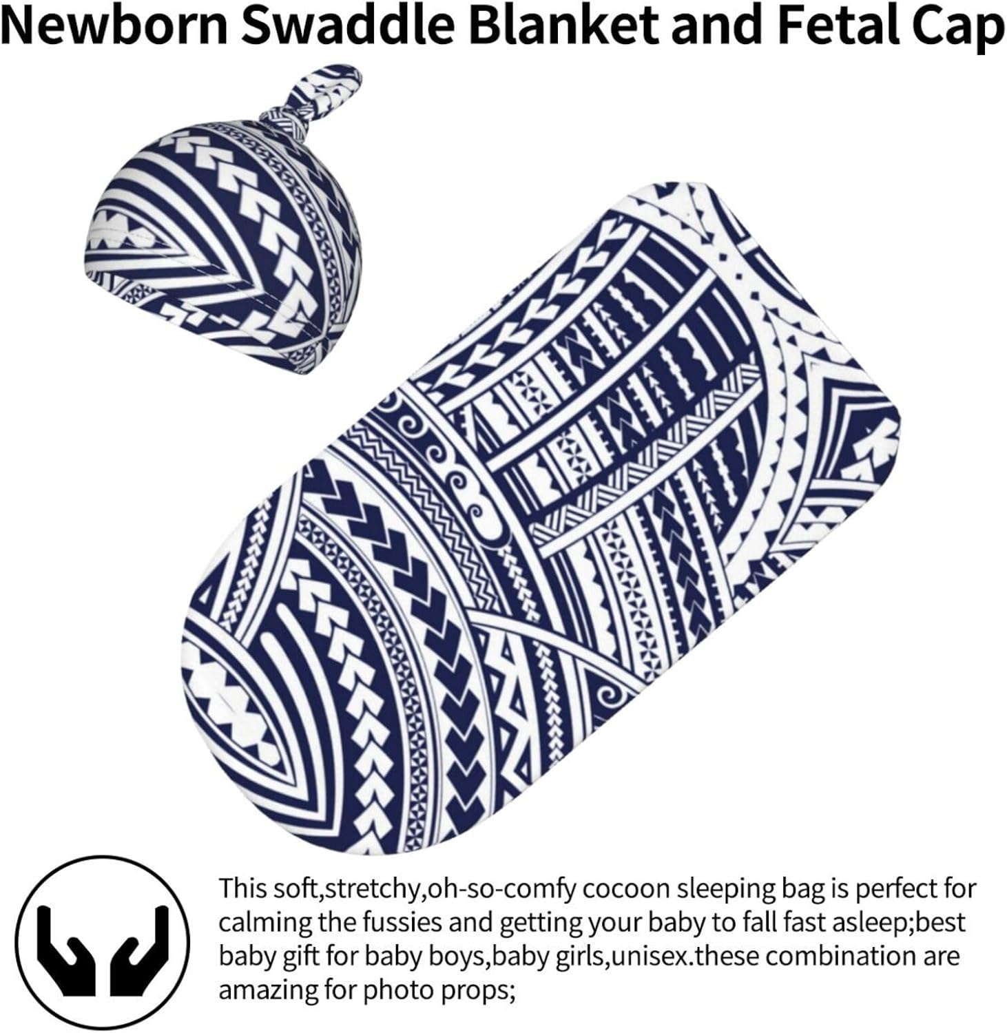 NOKOER Blue Polynesian Tribal Pattern Swaddle Blanket with Hat Set