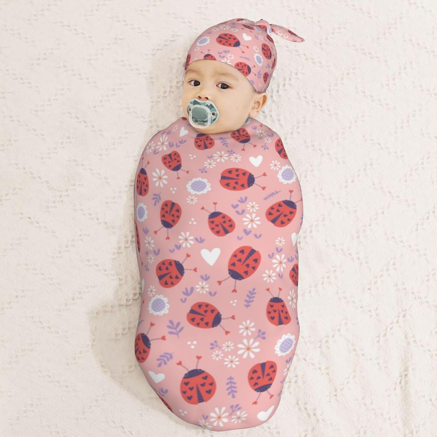 Muishi Ladybugs Hearts Flowers Swaddle Blanket Hat Set