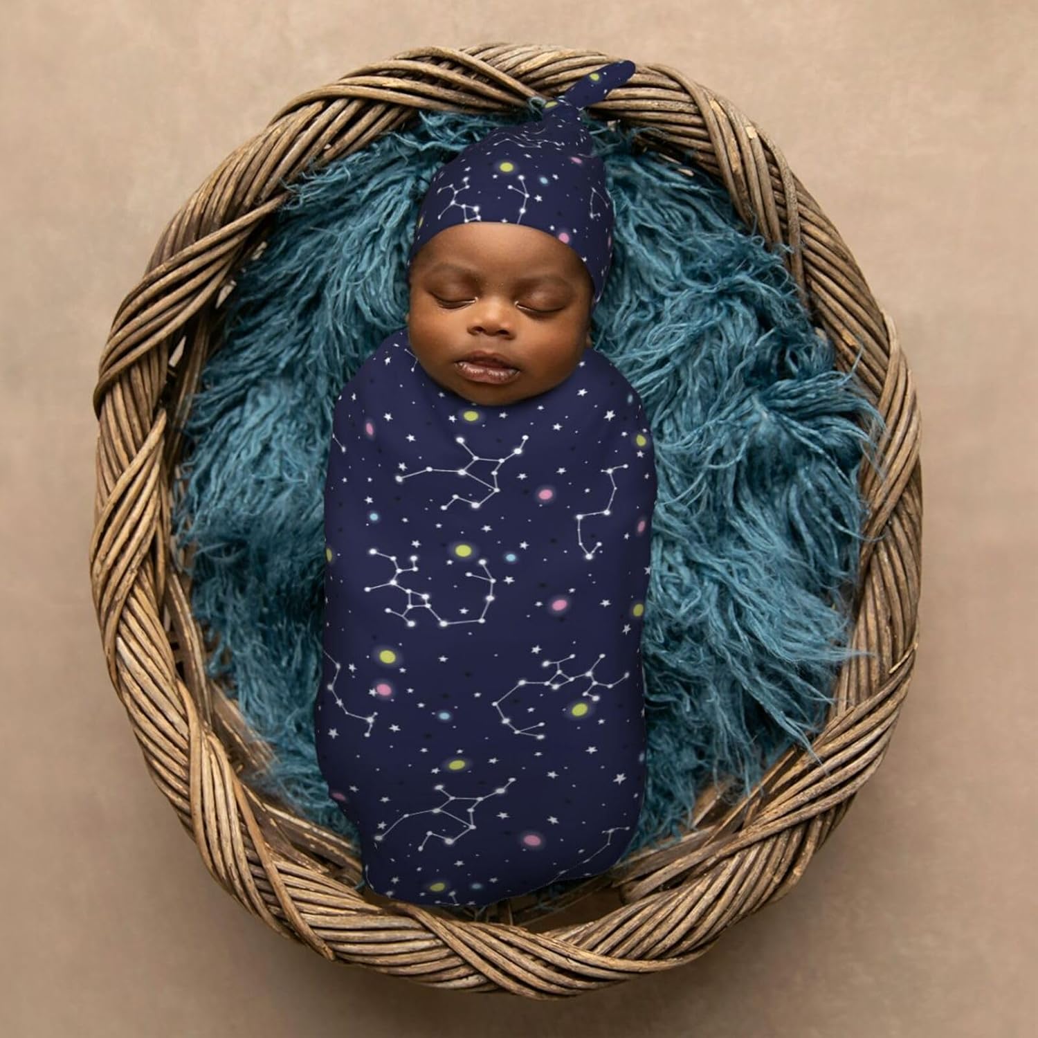 Muishi Space Stars Newborn Swaddle Blanket and Hat Set