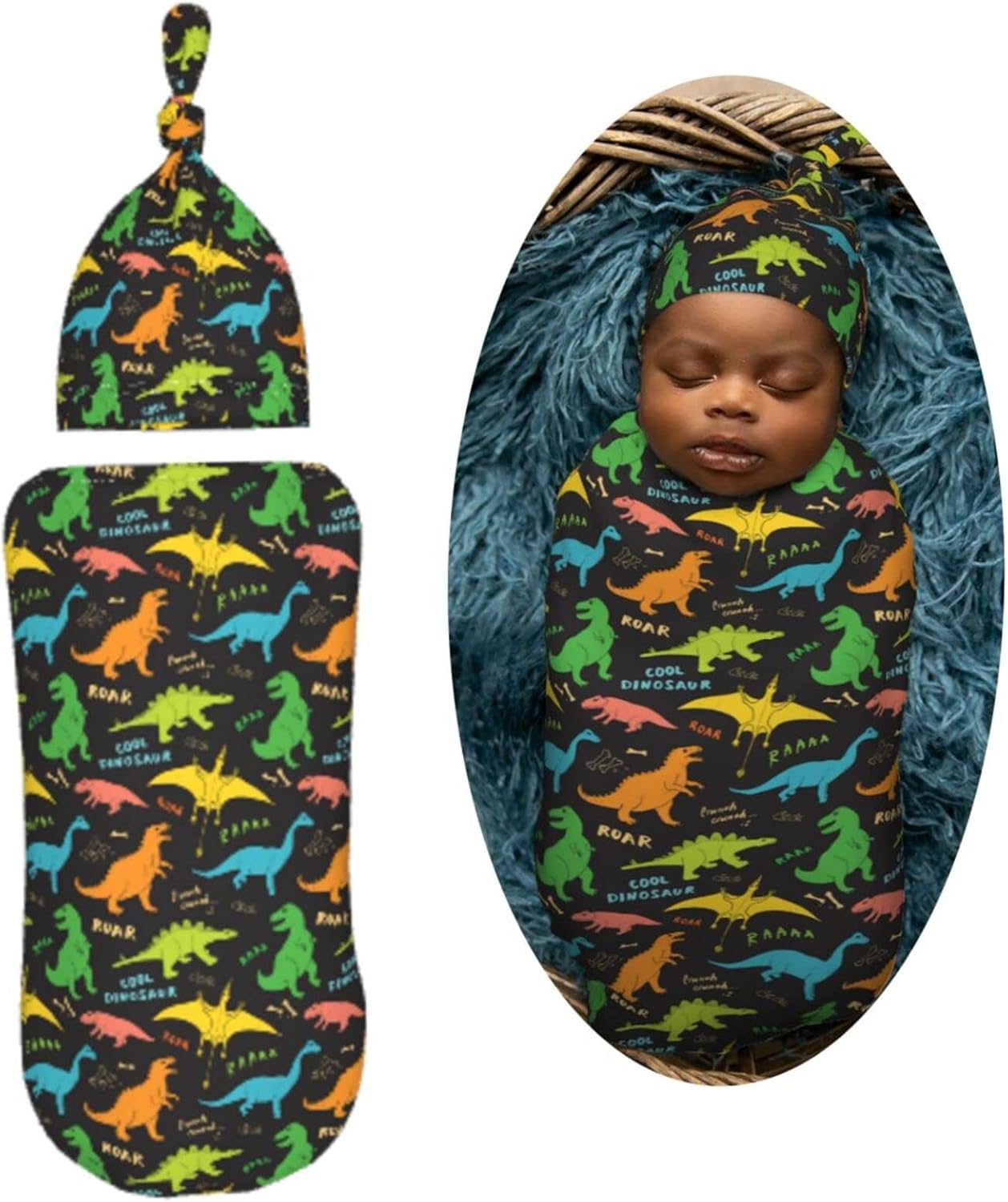Dinosaur Swaddle Blanket Hat Set for Newborns