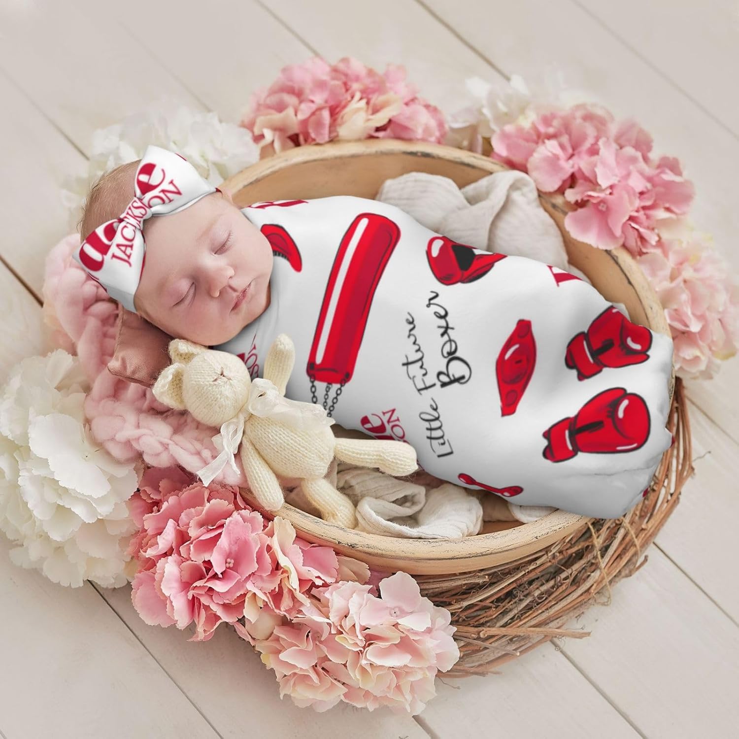 Personalized Baby Swaddle Blanket with Hat Headband Set Future Fighters