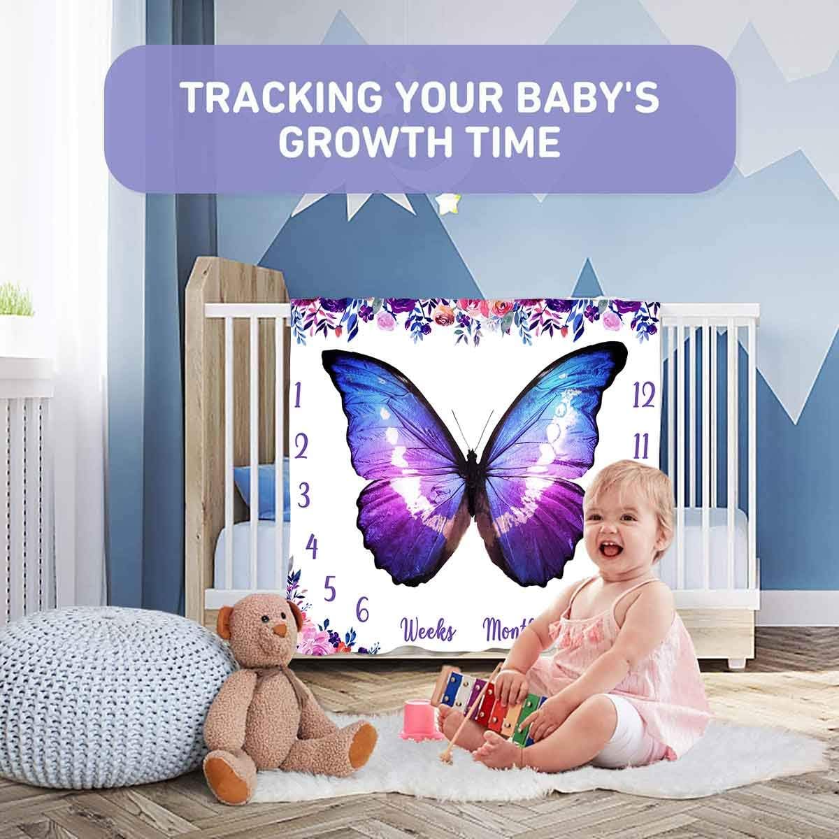PHMOJEN Baby Monthly Milestone Blanket with 4 Frames and Headband