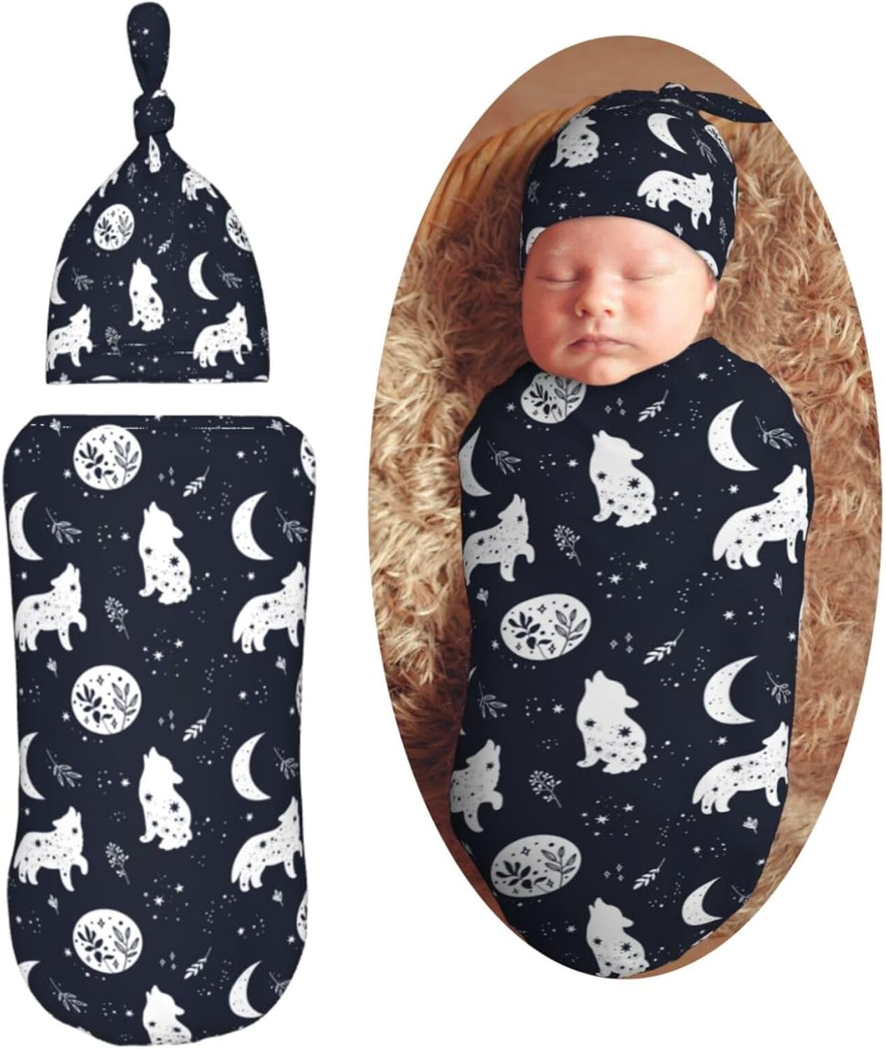 Boho Wolf Newborn Swaddle Blanket Hat Set