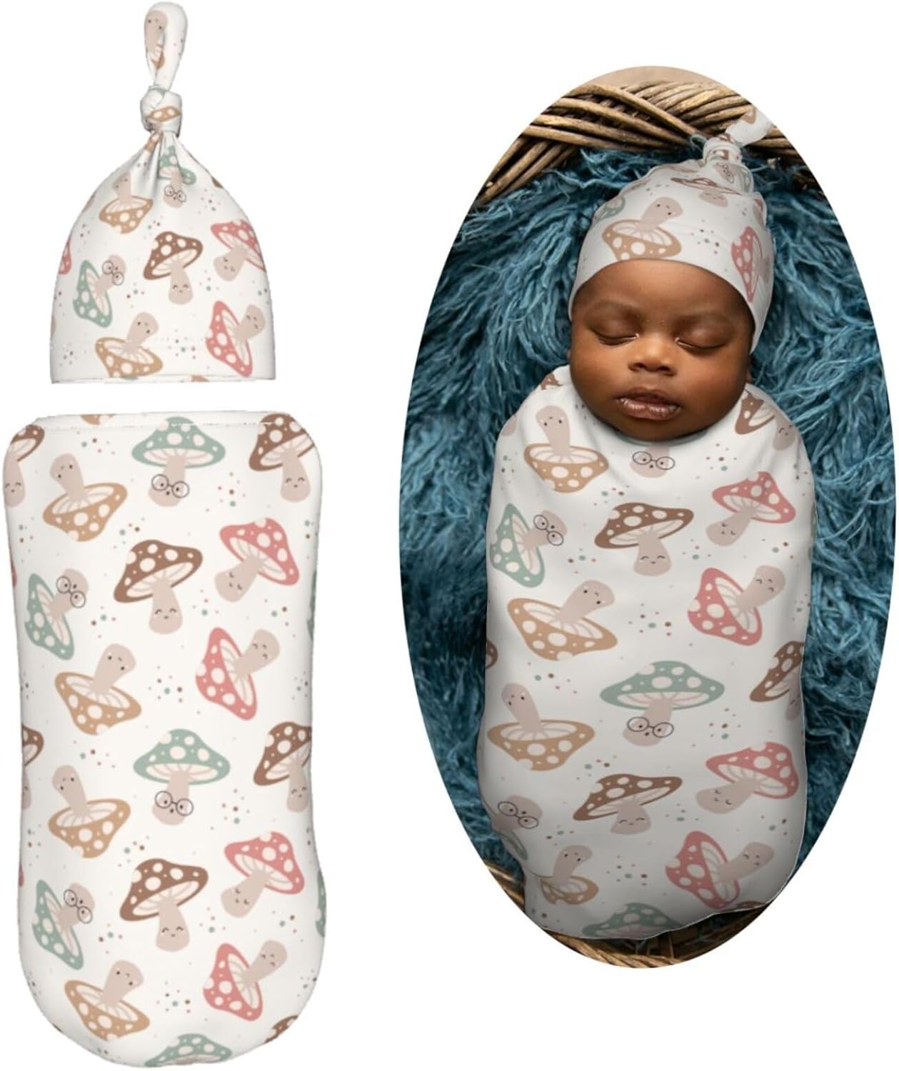 Muishi Happy Mushroom Swaddle Blanket Hat Set