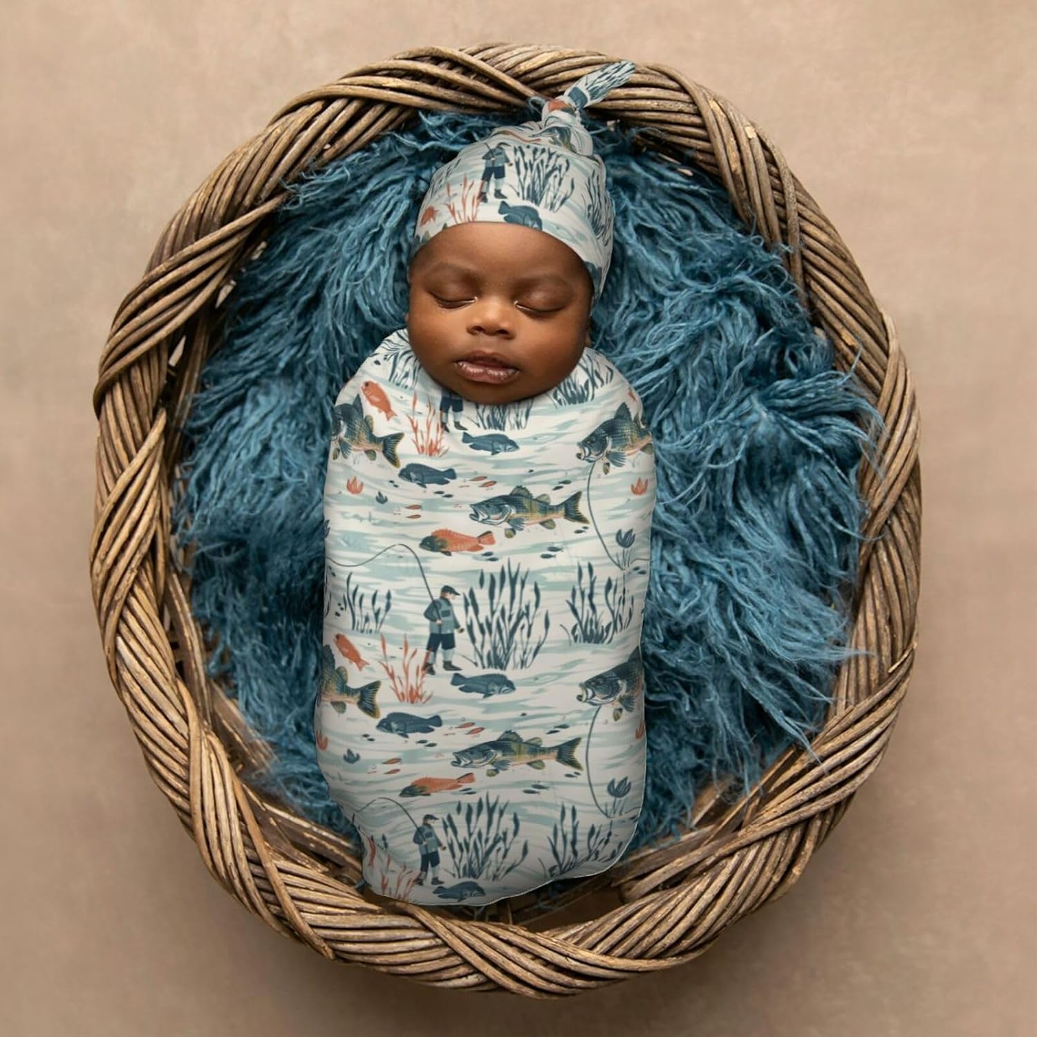 Muishi River Bass Fishes Swaddle Blanket Hat Set 1
