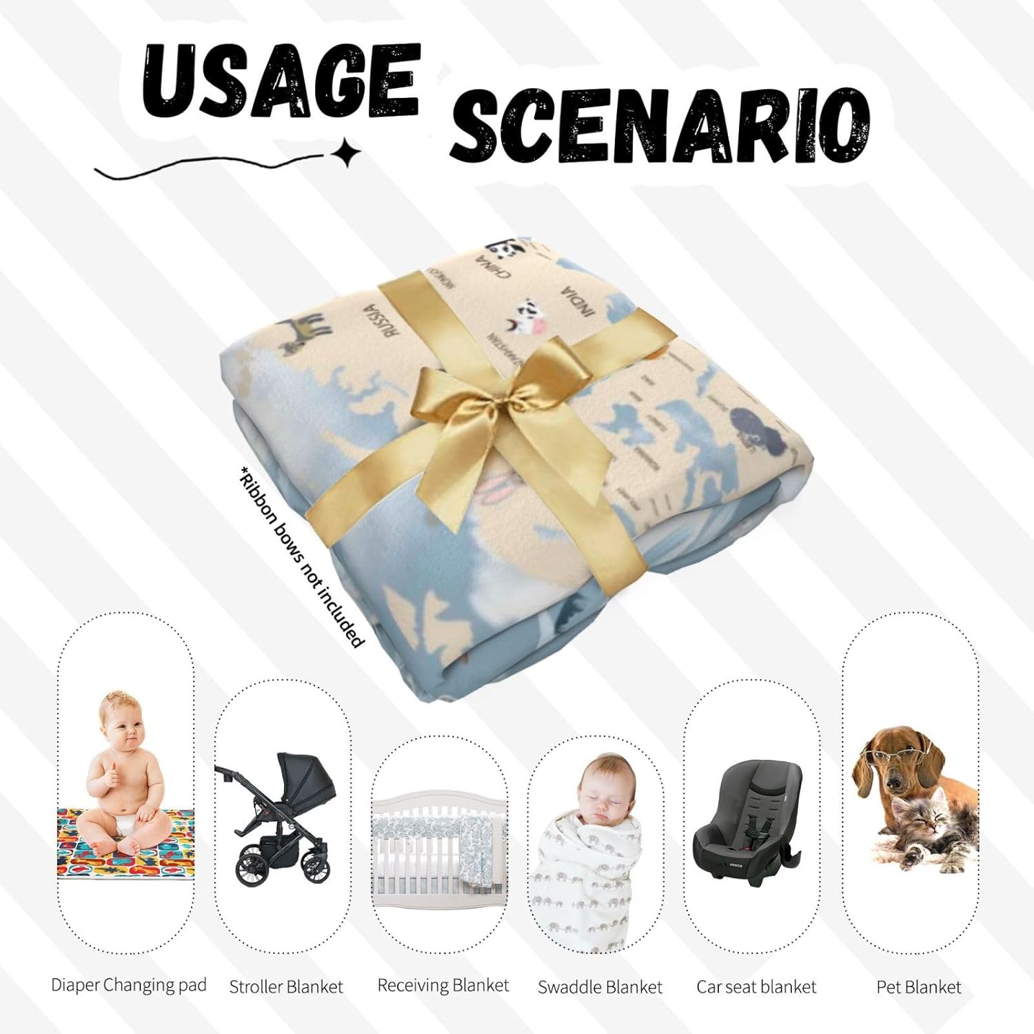 Salelf Animals Travel World Map Swaddling Blanket 3PCS Set