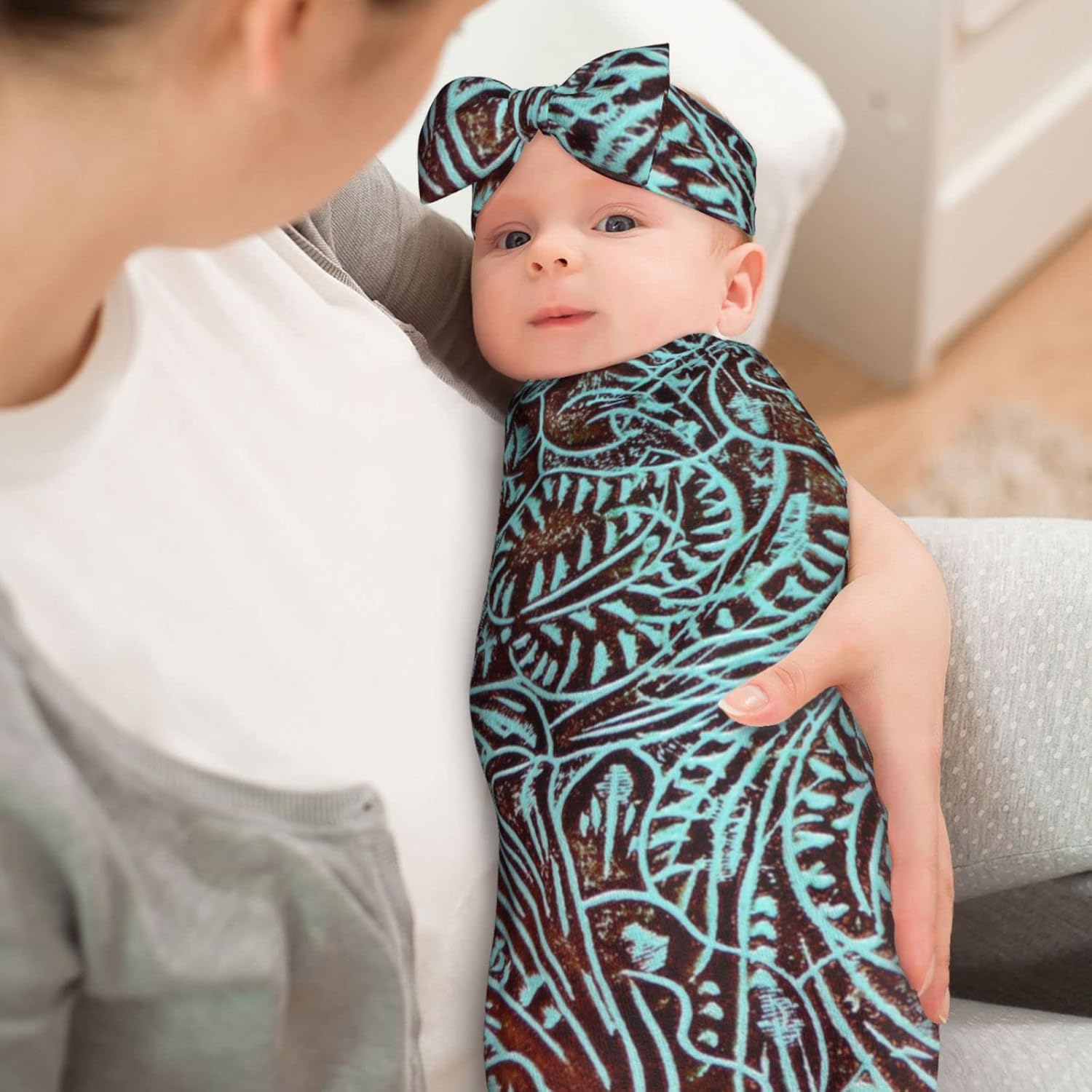 ZEYUANKA Country Teal Brown Western Swaddle Blanket Set with Headband