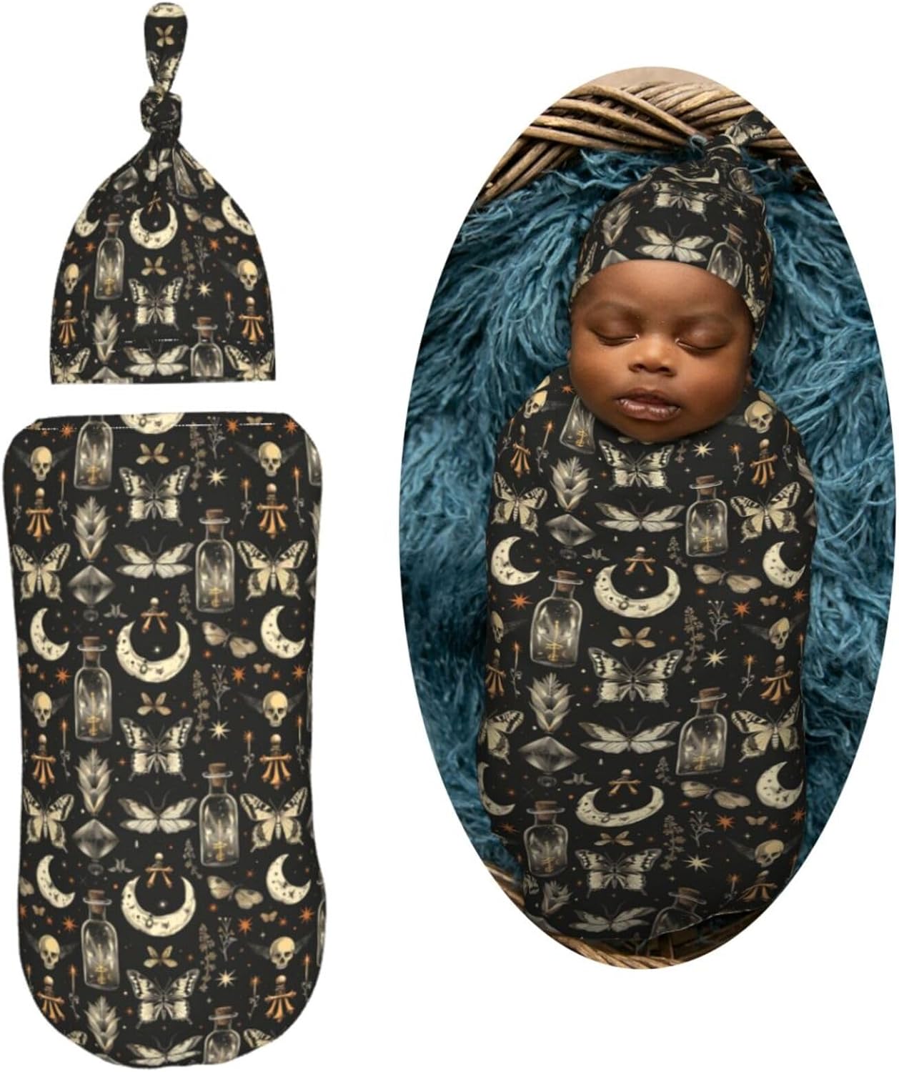 Muishi Moths and Moons Swaddle Blanket and Hat Set
