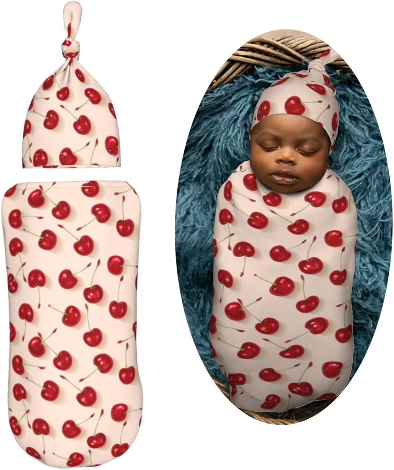 Red Cherrys Pattern Newborn Swaddle Blanket Hat Set