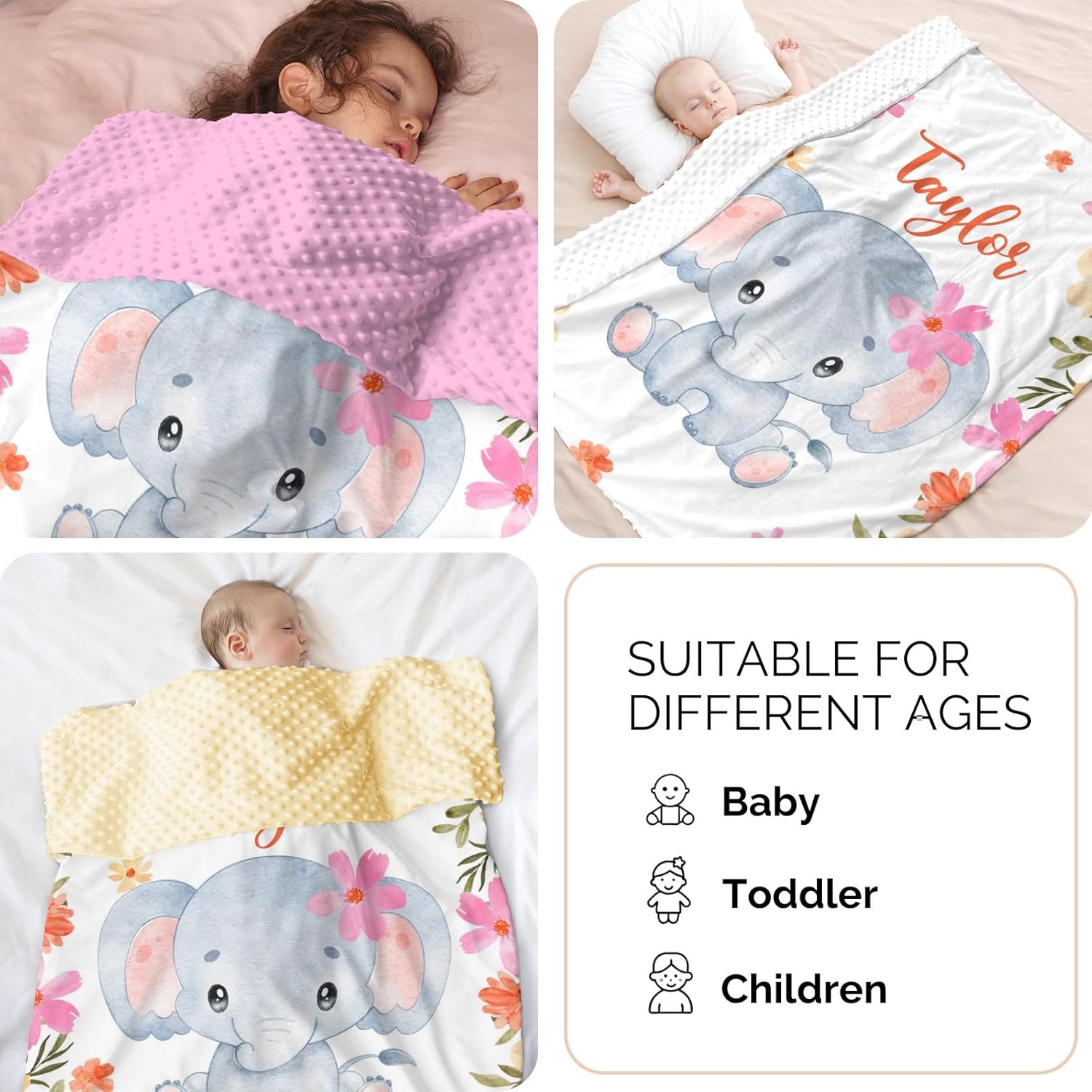 Personalized Baby Blanket Custom Name Elephant Design for Boys Girls