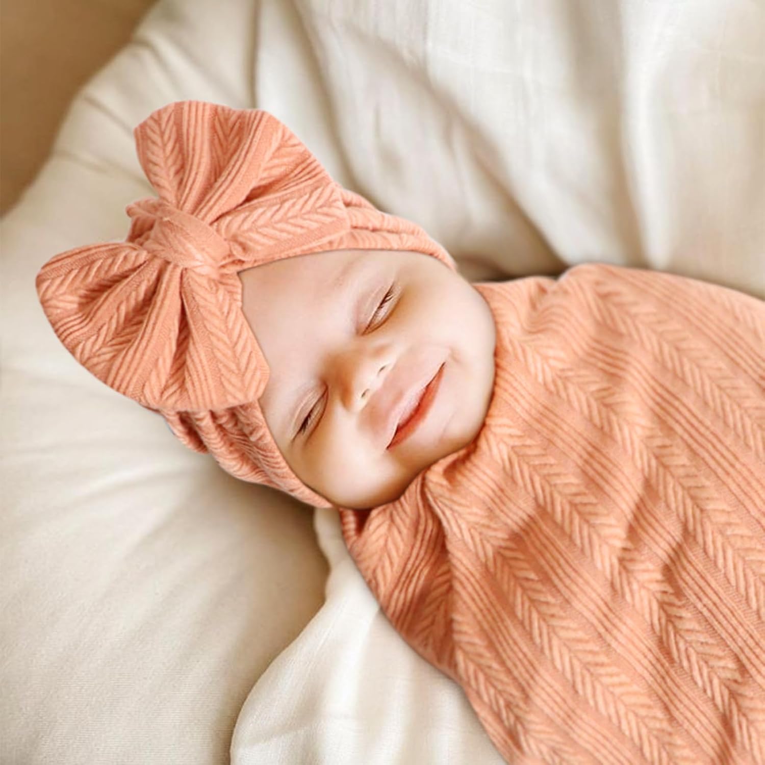 AQOKKA Newborn Swaddle Blanket with Bow Hat and Wooden Card 1